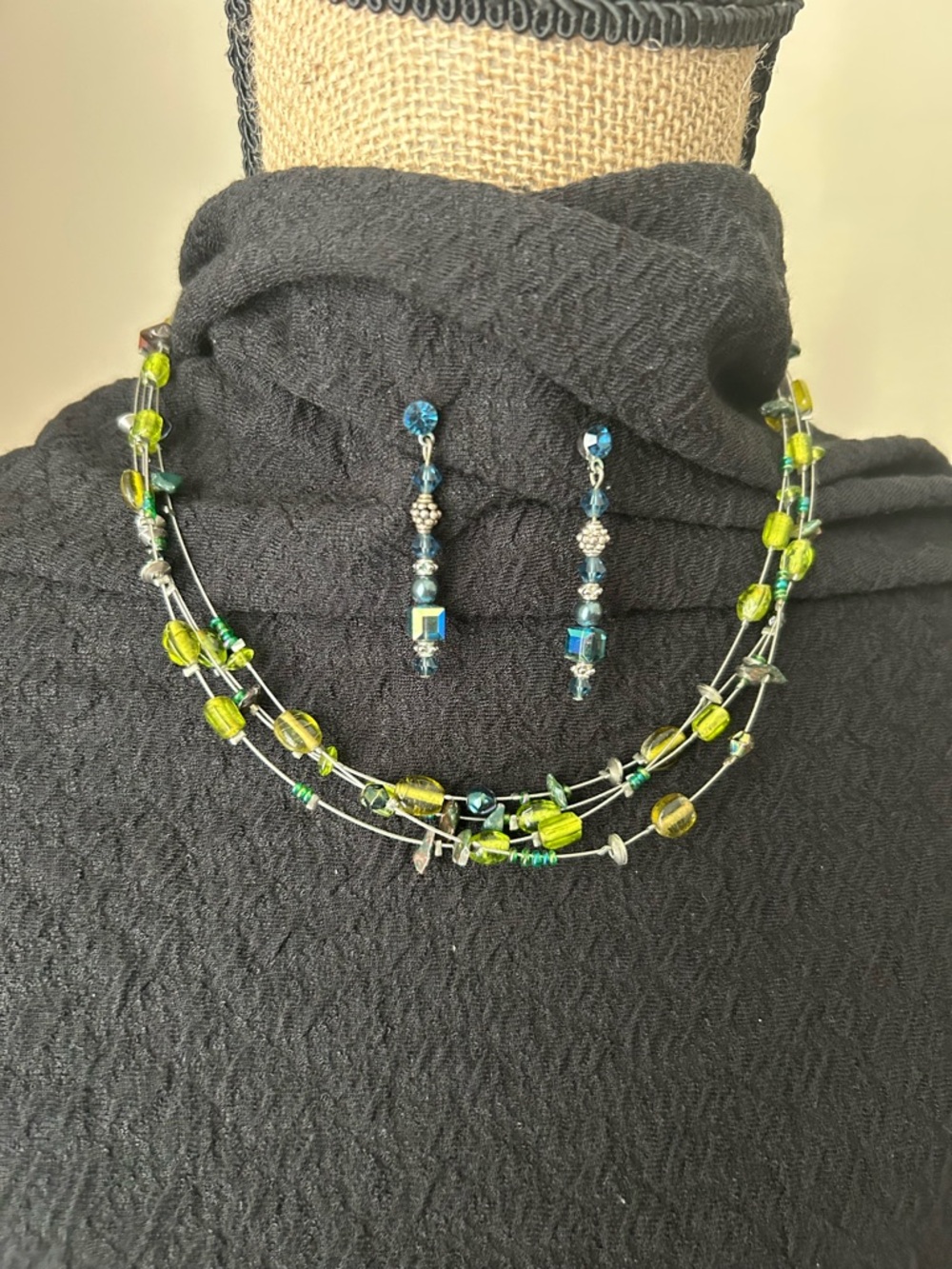 Green and Blue Glass Beaded Necklace & Earring Set